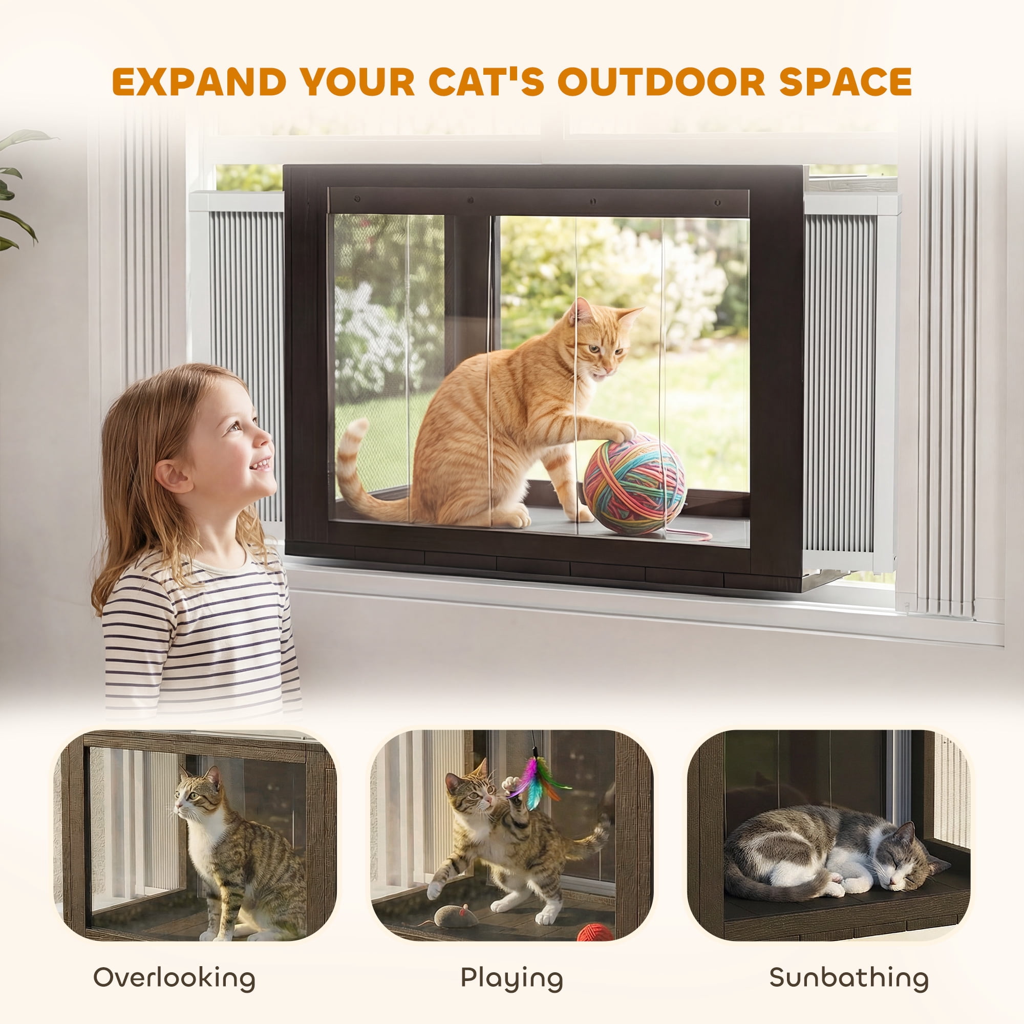 PawHut Catio Outdoor Cat Enclosure Suitable for Window 25"–41", Outdoor Cat House Clear Panel, for Sunbathing, Napping & Overlooking