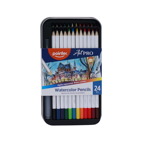 Pointer Art PRO Watercolor Pencils Set, 24 Count, Highly Pigmented, Includes Water Brush and Storage Tin