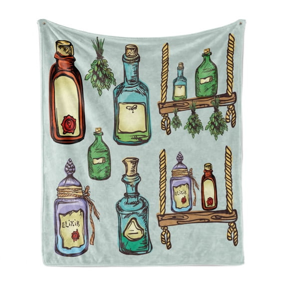 Apothecary Soft Flannel Fleece Blanket, Retro Alchemy Magic Craft Elixir Herbal Cure Chemists Halloween Recreation Theme, Cozy Plush for Indoor and Outdoor Use, 70" x 90", Multicolor, by Ambesonne