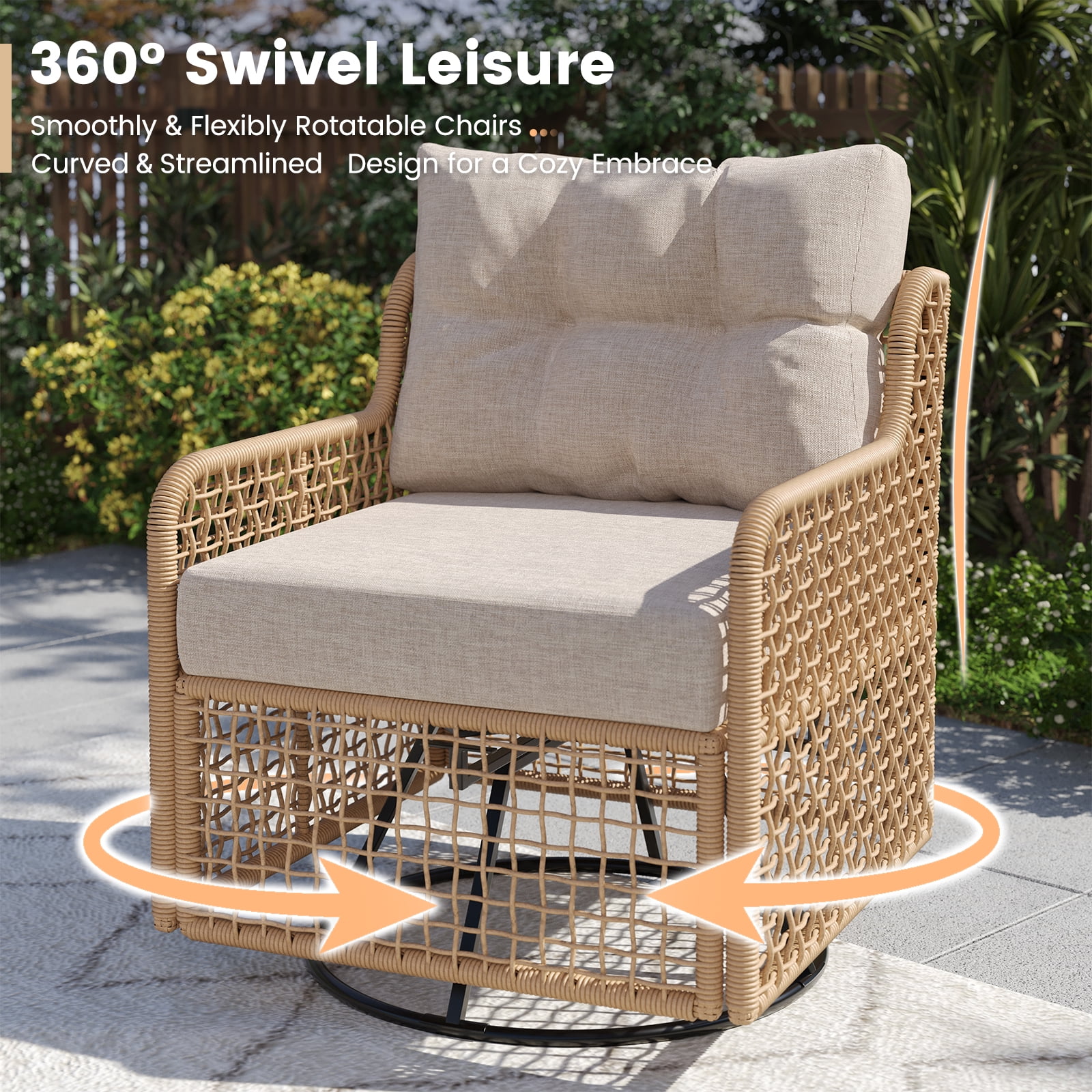 ELPOSUN 5-Seat Outdoor Patio Furniture Set, Wicker Rattan Outdoor Furniture Set with Swivel Chairs & All-Weather Thickened Cushions for Garden, Porch, Backyard, and Poolside, Beige