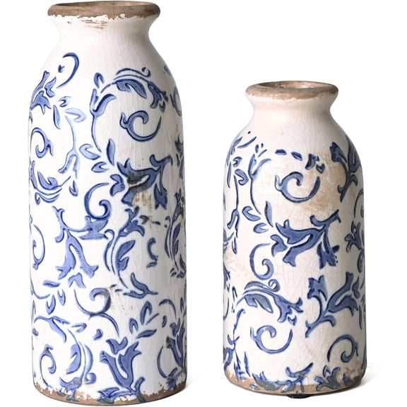 Blue and White Ceramic Vases Home Decor, Farmhouse Vase for Flowers, Flower Vase Set of 2, Rustic Decorative Vases for Pampas Grass, Table, Living Room, Shelf, Centerpieces, 8 inch