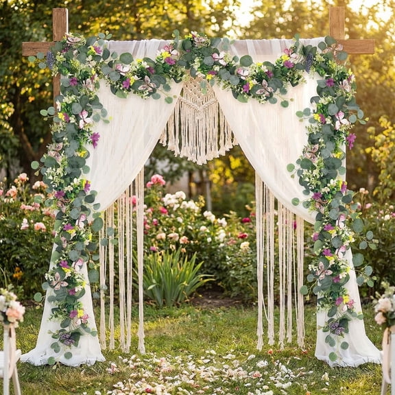 Artificial Rose Garland 5.6FT – 7 White Silk Roses, Gypsophila, Lifelike Greenery Vine, Dense Leaves, Realistic Floral Centerpiece, Table Runner, Wedding Party Home Decor