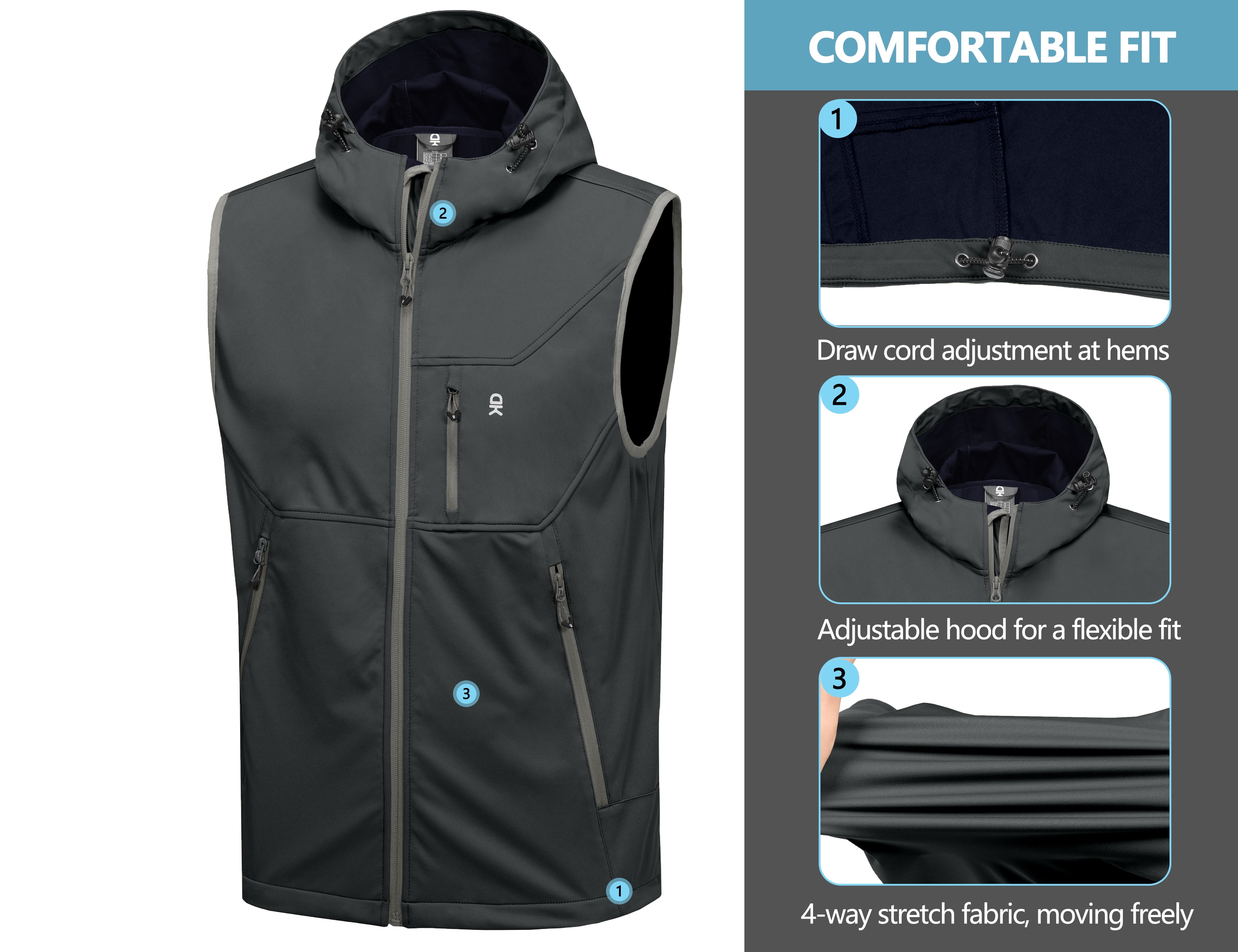 Little Donkey Andy Men's Lightweight Softshell Vest Windproof Sleeveless Jacket for Travel Hiking Running Golf Size M