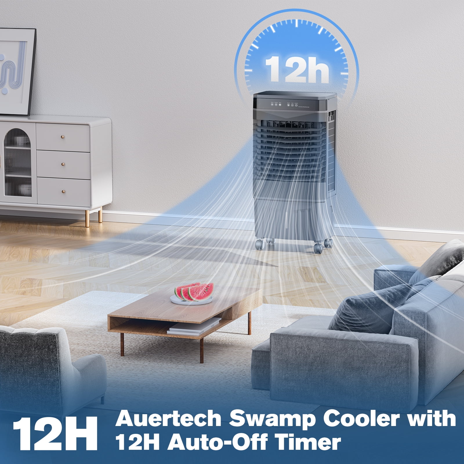Auertech 5.3 Gal Swamp Cooler with Remote, 1800 CFM 12H Timer Portable Evaporative Air Cooler with Wheels, 4 Ice Packs, 3 Speeds, 120°Oscillation