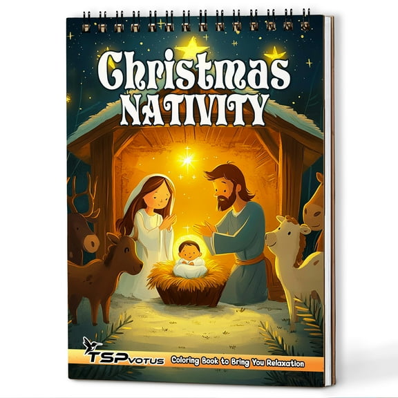 TSPVOTUS Christmas Nativity Spiral Bound Adult Coloring Book, A5 Wooden Cover, 30 Beautiful Coloring Pages of Christmas Stories for Stress Relief and Relaxation
