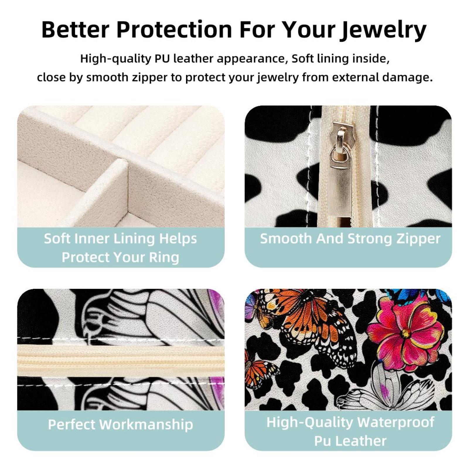 PhooArto Small Jewellery Box, Color Flowers Butterfly Leopard Spots Portable Travel Mini Jewelry Case for Women Leather Ring Organizer