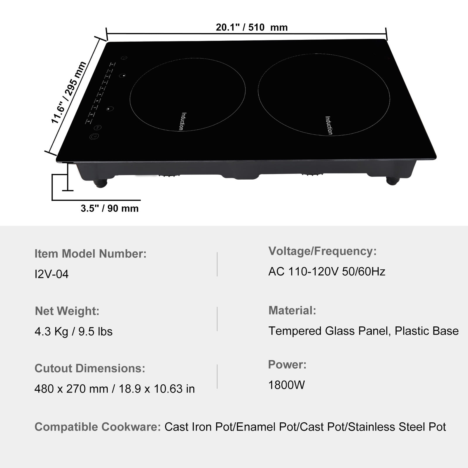 SKYSHALO 12" Electric Cooktop, 1800W 2 Burners Ceramic Glass Stove Top Touch Control Built-in Magnetic Cooktop w/ 9 Heating Level Child Lock & Over-Temperature Protection