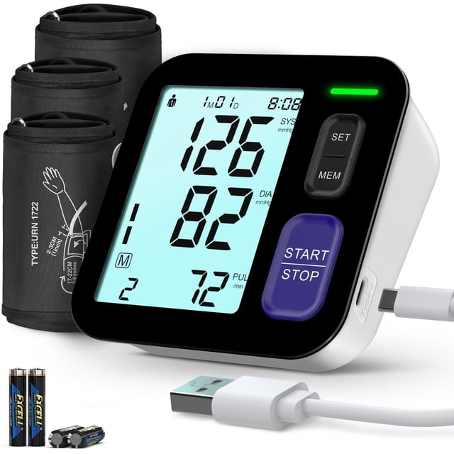 Tensiómetro de brazo, 3 tamaños de brazalete: S, M/L y XL (pequeño: 18-23 cm), mediano/grande: 23-43 cm y extragrande: 33-53 cm. Monitor digital automático y preciso para uso doméstico. Pantalla LCD r