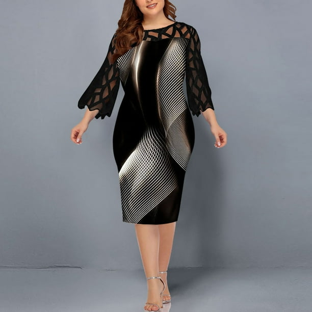 Womens Casual Print Gauze Splicing Loose 3/4 Sleeve Round Neck Dress