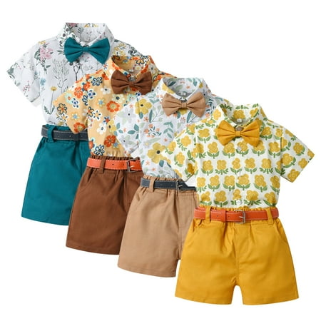 

WOLLED Baby Boys Gentleman T-Shirt Outfit Tie Suit Toddler Floral Dress Shirt Shorts Pants Toddler Infant Short Sleeve Floral Prints T Shirt Tops Shorts with Belt for 9 Months -6 Years