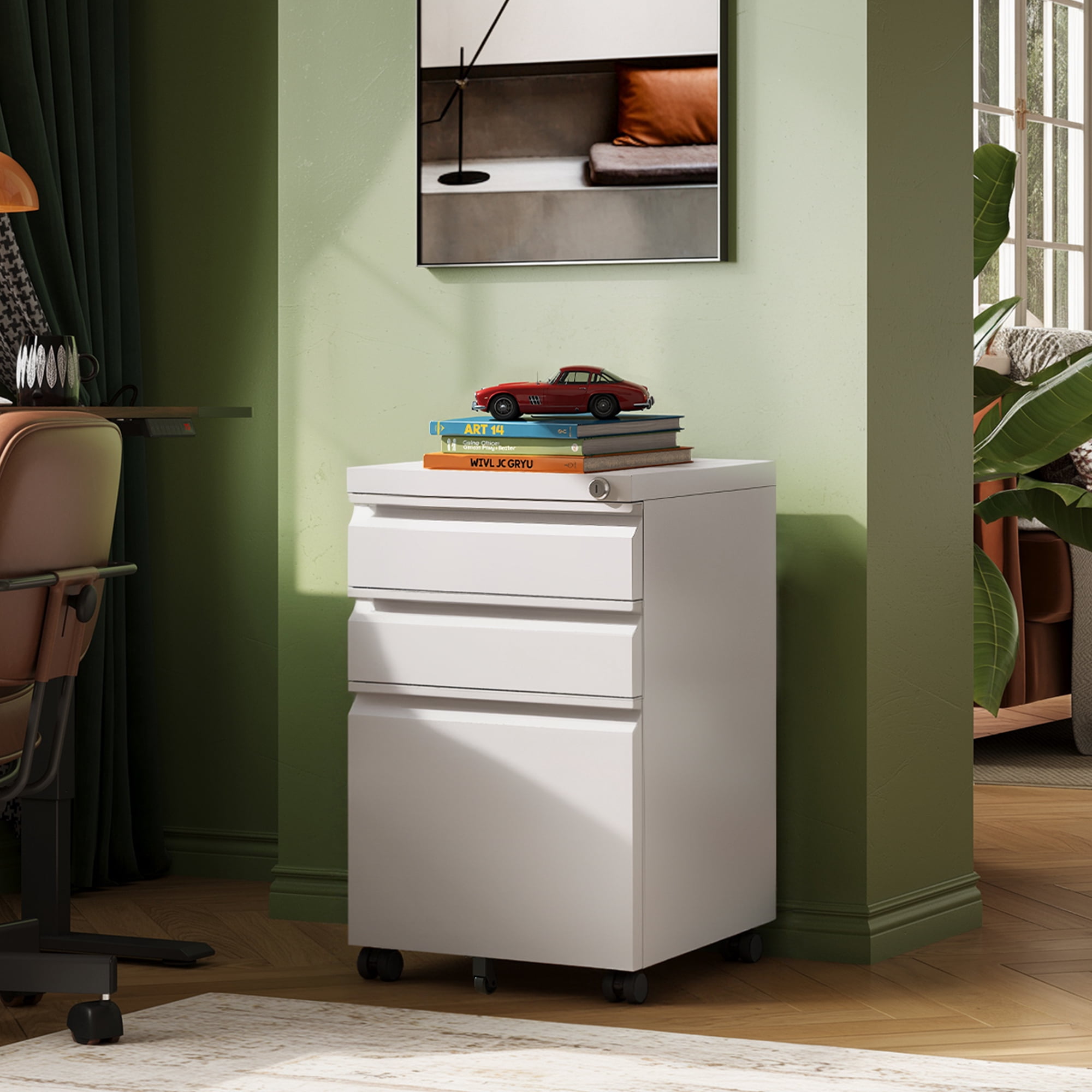 GALAXHERO 3 Drawer Metal File Cabinet with Lock(No Assembly), Mobile Printer Cabinet & Small Under Desk Filing Cabinet for Home Office, Fits Legal/Letter/A4, White