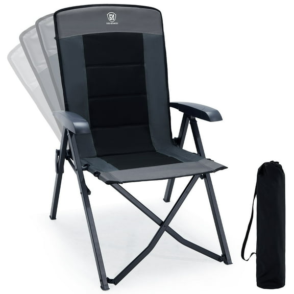 EVER ADVANCED Folding Recliner Camping Chair with Adjustable High Back, Portable Patio Reclining Chair for Adults, Support 300 lbs, Comfortable for Outdoor, Lawn, Beach, Backyard, Black