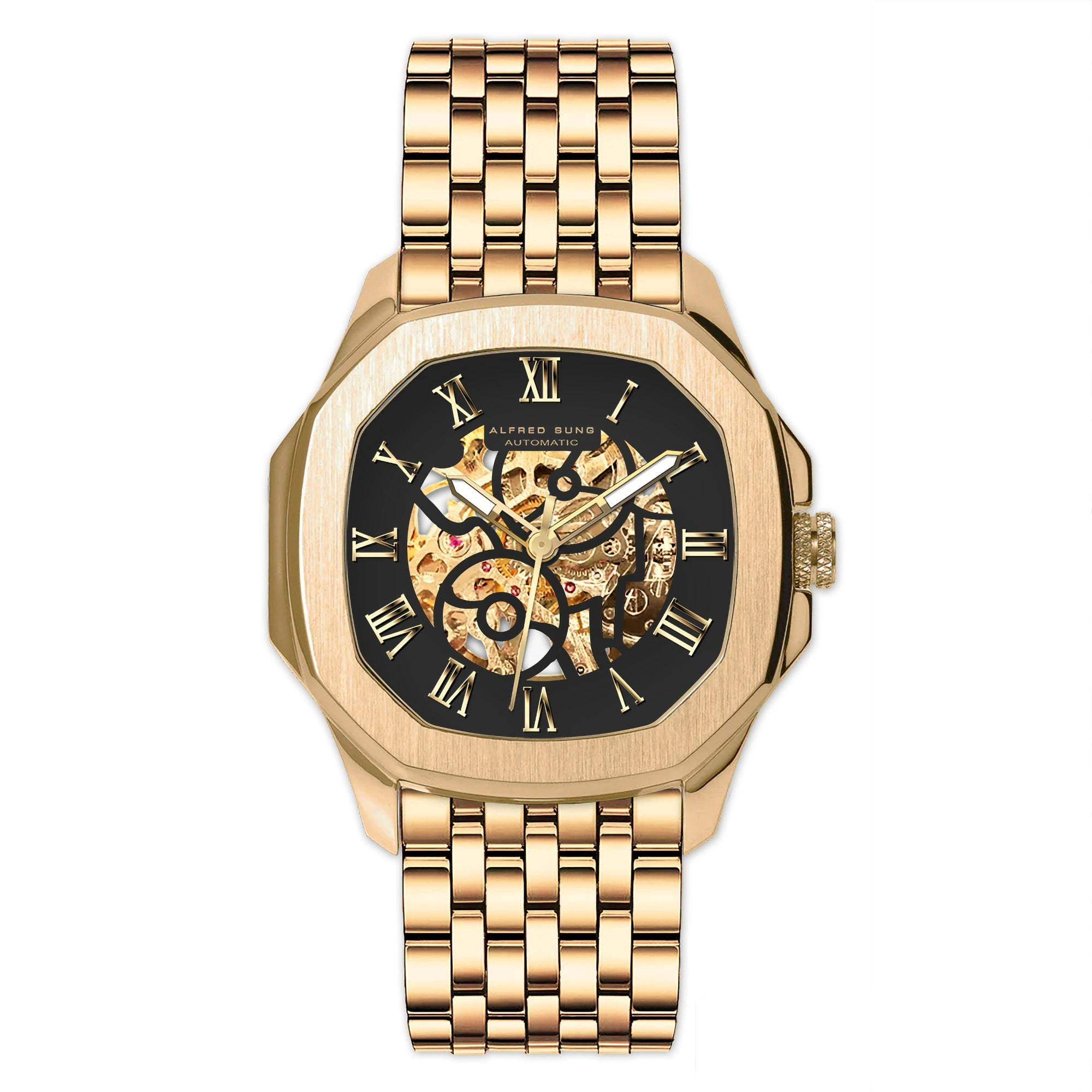 Alfred Sung Men's Automatic VII Gold Black Skeleton Dial Link