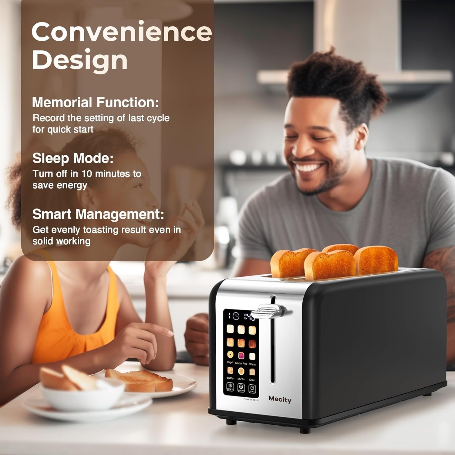 4 Slice Toaster with Touchscreen Long Slot, Stainless Steel Smart Bread Toaster for Bagel Muffin Waffle Gluten Free Breads, Timer, Defrost, Reheat, 120V 1400W