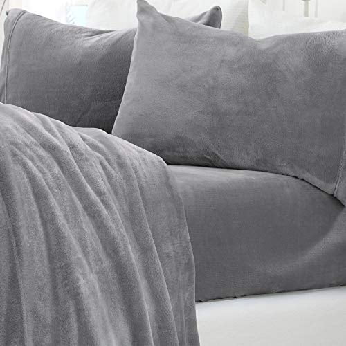 Micro Fleece Extra Soft Cozy Velvet Plush Sheet Set. Deluxe Bed Sheets with Deep Pockets. Velvet Luxe Collection (Queen, Grey)