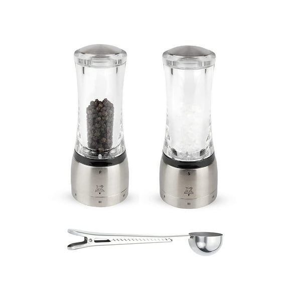 Peugeot Daman U'Select Shaftless 6.5 Inch Salt & Pepper Mill Gift Set, Stainless Steel - With Scoop (Salt & Pepper Mill Set)