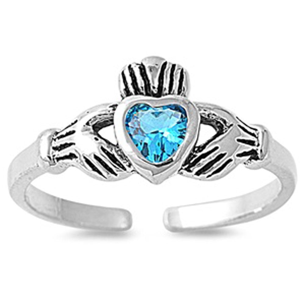 Heart Solitaire Claddagh Blue Simulated Topaz .925 Sterling Silver Toe Ring Jewelry Female Male