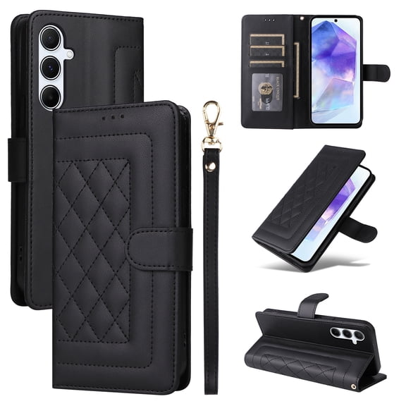 JTCASES Compatible with Samsung Galaxy A55 5G 6.6 inch Case Wallet Flip Folio Case [Kickstand] with RFID Blocking Card Holders [Shockproof] Wrist Strap Cover for Men Women Girls, Black
