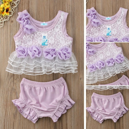 Newborn Baby Girl 3D Flower Lace Tops +Ruffle Shorts Party Dress Outfits Clothes