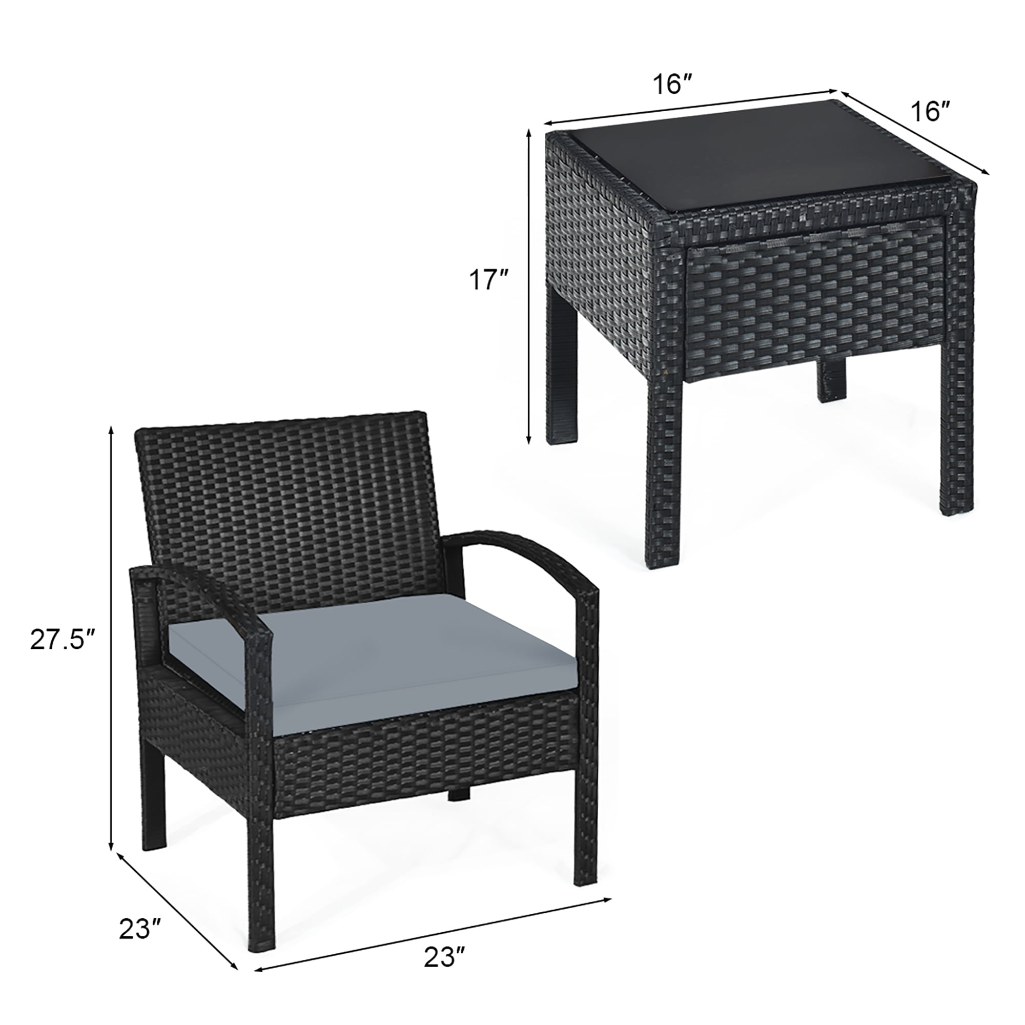 Costway 3PCS Patio Rattan Furniture Set Coffee Table Conversation Sofa Cushioned Gray