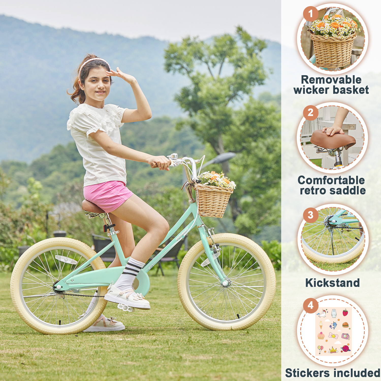 Petimini 20 Inch Kids Bike for 4 5 6 7 Years Old Little Girls Retro Vintage Style Bicycles with Training Wheels and Bell, Mint Green