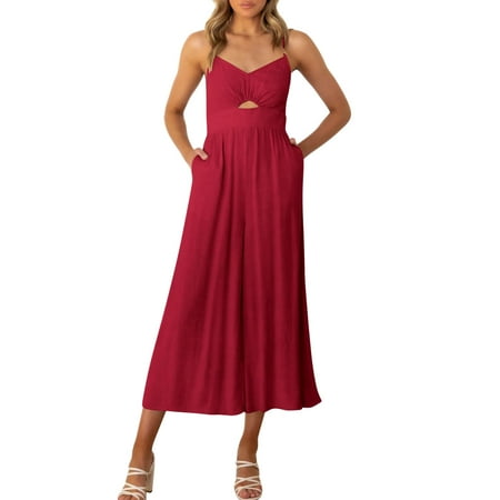 MITCOWBOYS Body Suit  Women Summer Casual Jumpsuit Spaghetti Strap Soild Color V Neck Cutout Smocked High Waist Jumpsuit Pockets Wide Leg Jumpsuit  Long Sleeve Bodysuit  Shapewear Bodysuit  Red Xl