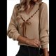 thumbnail image 2 of Suéteres de Cuello en V para Mujer, Blusas Vintage Holgadas con Mangas Largas y Lazo. Caqui S, 2 of 10