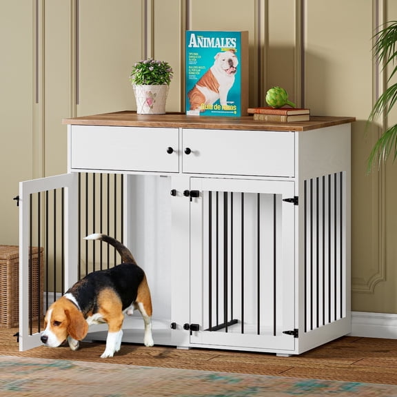 TIMHAKA Dog Crate Furniture w/ 2 Drawers, 41’’ Wooden Indoor Dog Cage w/ Divider, Double Doors, White