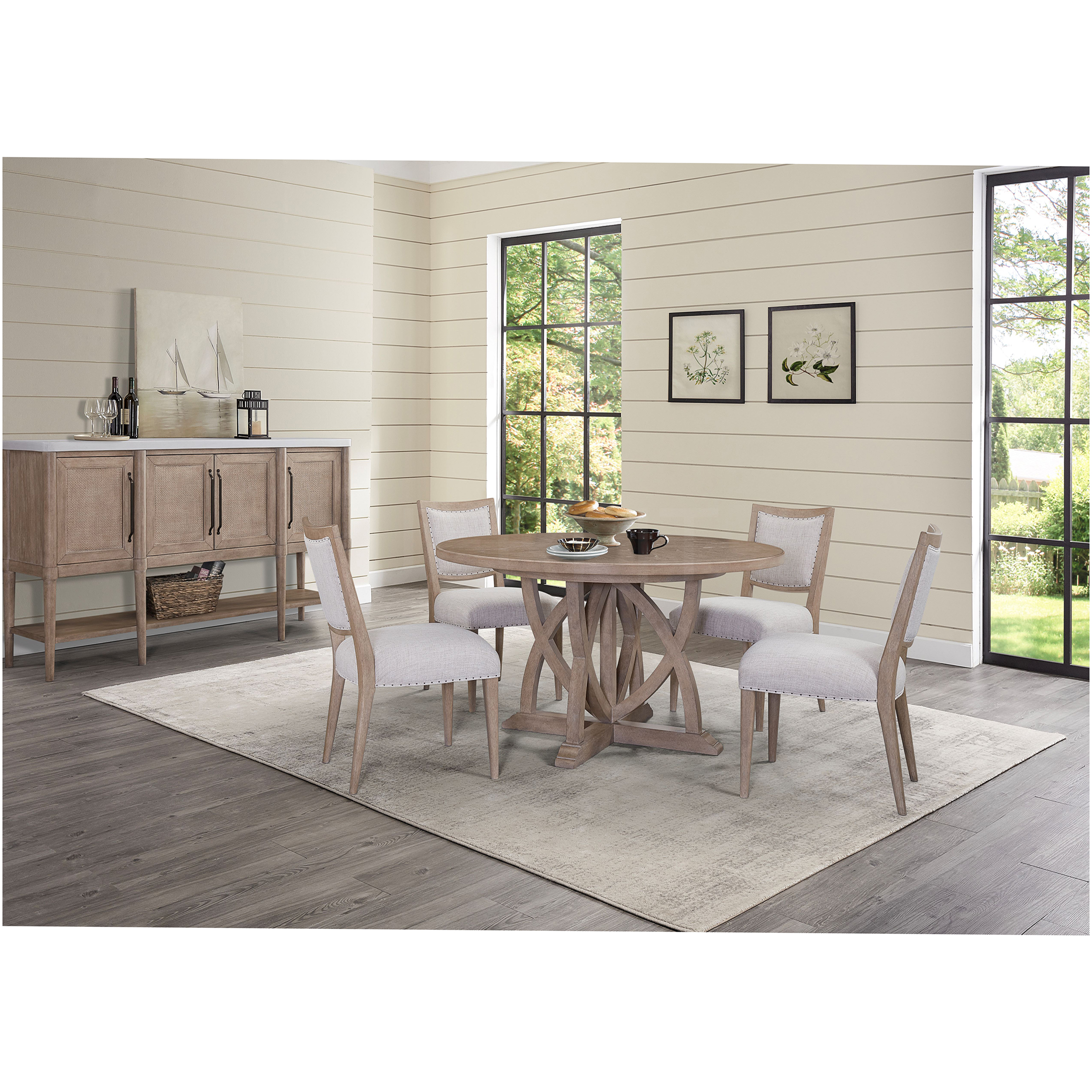 JERFIT Expandable Round Dining Table for 6, Sand Finish, Solid Wood Pedestal Base, Space Saving Extendable Design