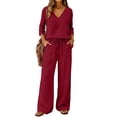 thumbnail image 2 of VISALY Plus Size Summer Gauzy Linen Sets for Women Deep V Neck 3/4 Length Sleeve Tunic Shirt Elastic Waist Wide Leg Pants with Pockets Dressy Casual Loose Peasant Beach Vacation Outfits Wine 4Xl, 2 of 7