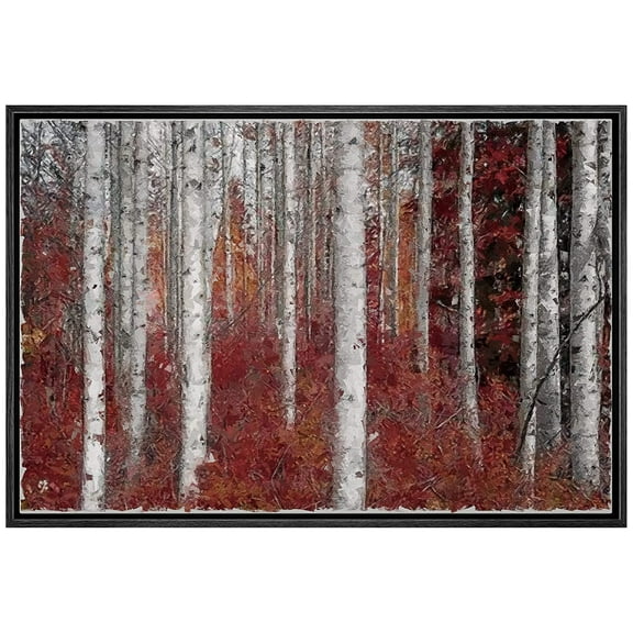 wall26 Framed Canvas Print Wall Art White Birch Trees with Autumn Red Leaves Nature Wilderness Illustrations Realism Rustic Scenic Colorful Multicolor for Living Room, Bedroom, Office - 24"x36&q
