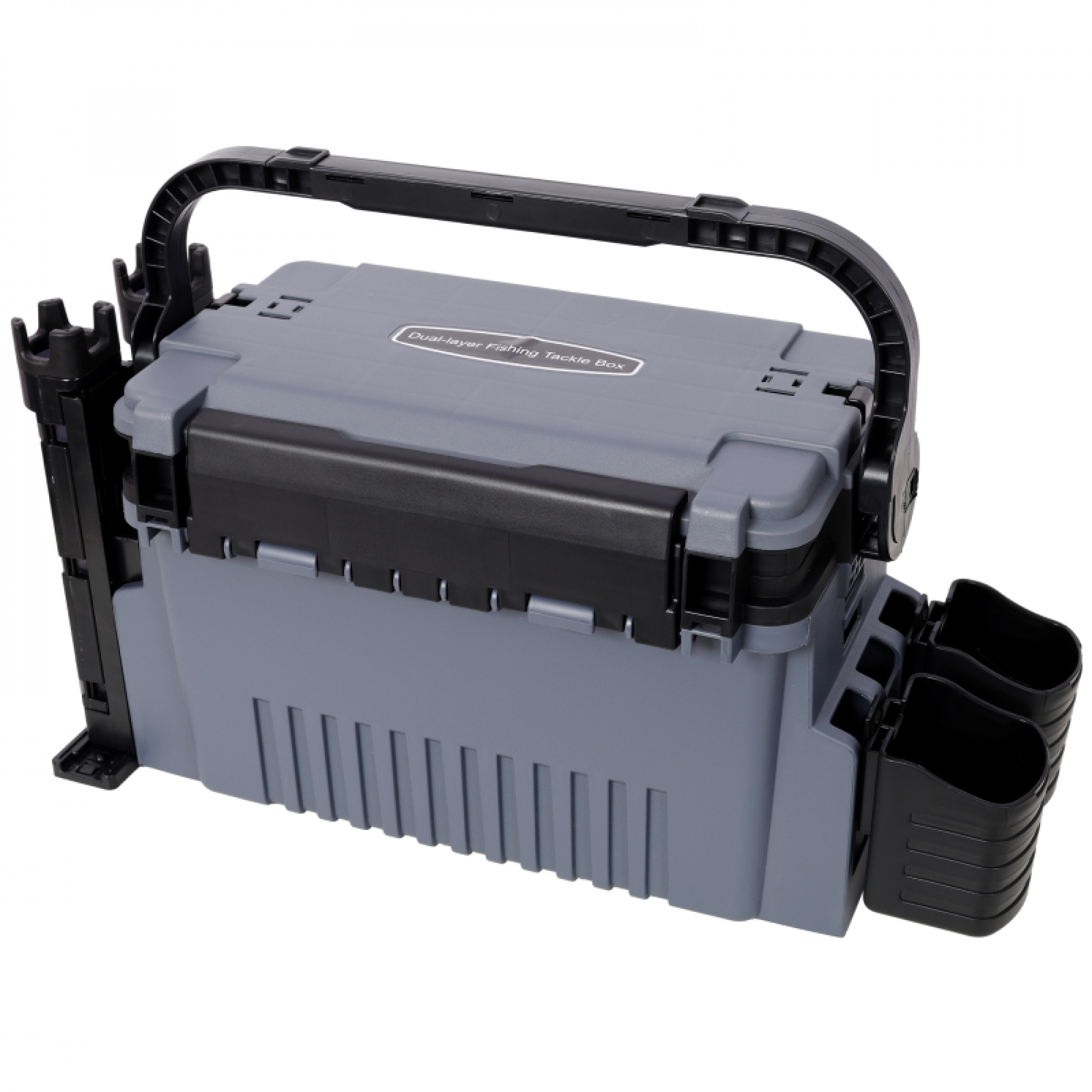 Dual-layer Fishing Tackle Box,Tackle Box Organizer Fishing Box Large,With 2pcs Rod Holder,2pcs Cup Holder,1pc Carring Strap,Gray