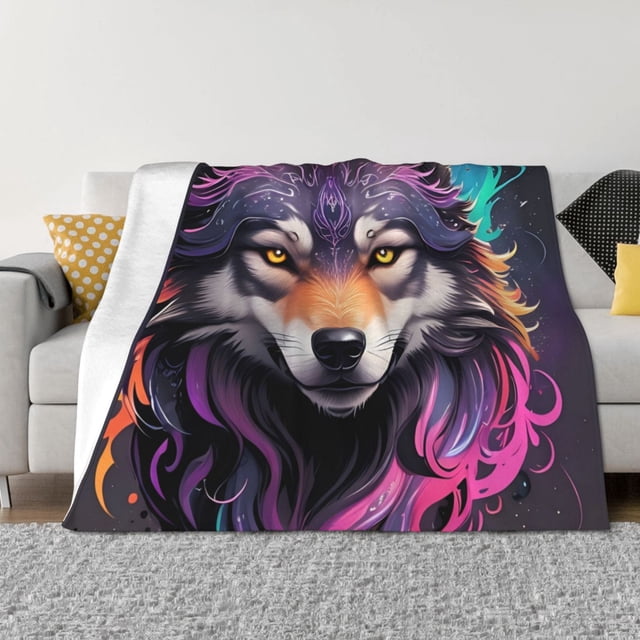Balery Colorful Wolf Head A Manta de Franela con Dibujo, Lujo Ultra Suave y Cálido, Antipelusa y Resistente a las Arrugas para Cama, Sofá, Camping -60"x50"
