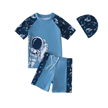 

CHEEREAM Toddler Boy 3-Piece Swimwear Set Baby Boy Swimsuit with Hat UPF 50+ Rash Guards Short Sleeve Bathing Suit for Boys