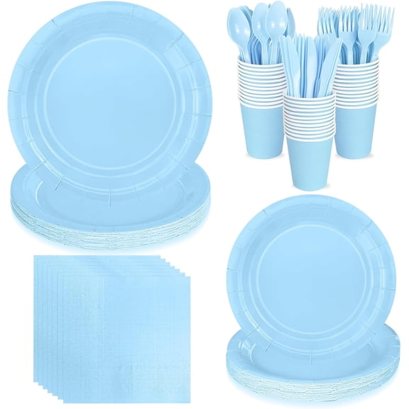 168PCS Light Blue Paper Plates and Napkins, Blue Disposable Plates Set for Baby Shower Gender Reveal Birthday Party Supplies Serve 24 Guests
