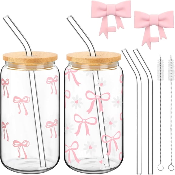 2 Pcs Bowknot Glass Cup, 16oz Reusable Pink Glass Cup with Bamboo Lids, Straws, Silicone Protectors and 2 Brush, Ideal Coquette Bow Cup for Drinking Coffee Tea Cocktail