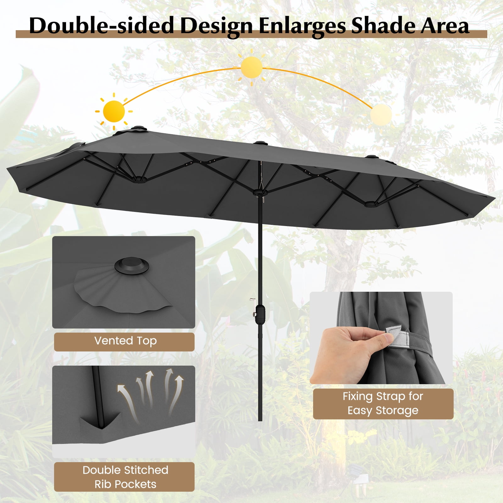 Gymax 13FT Double-sided Patio Umbrella w/ Crank Handle Umbrella Base Safety Lock Grey