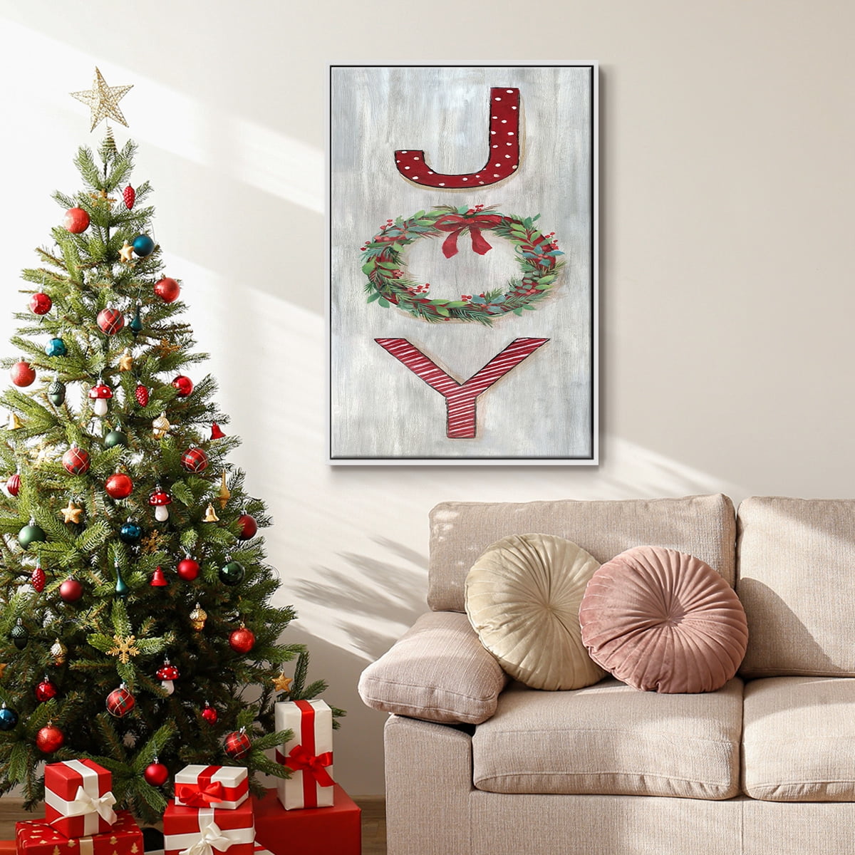 Joy - Framed Gallery Wrapped Holiday Canvas - 27 x 41 - White Frame