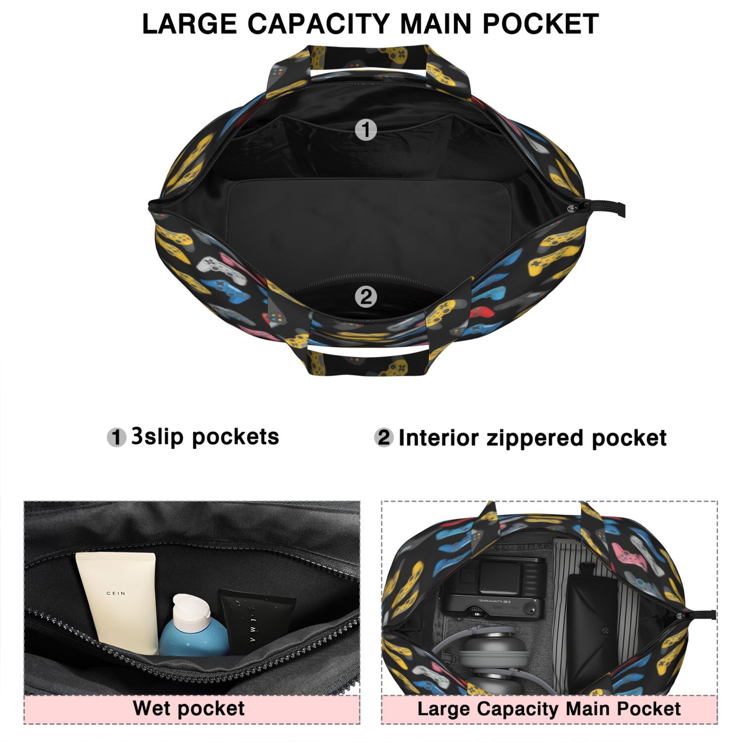 Multicolor Controllers Games Icons Black Pattern Travel Tote Bags for Women Carry On,Large Weekender Bags for Women Travel,Multi Functional Duffle Bag for Work,Shopping,Sports