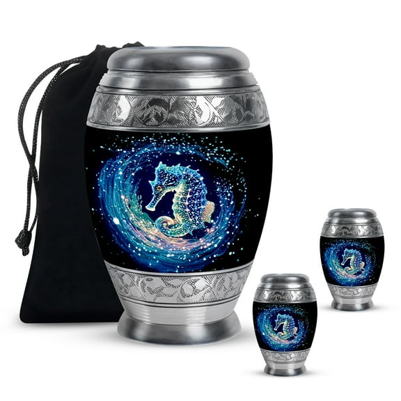 YATSKIA Blue Sea Horse Decorative Large Funeral Urns for Human Ashes Adult Mother and Father, Mini Cremation Urn of Adult Ash, (Monar 10 Inch and 3 Inch)