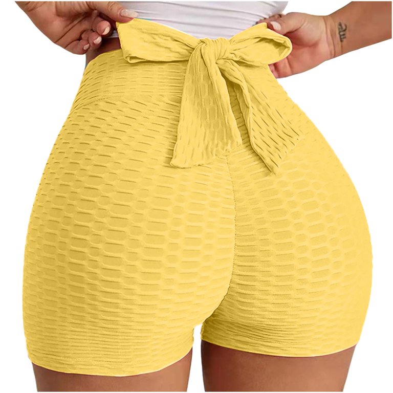 YYDGH Butt Lifting Yoga Shorts for Women Bow Tie High Waist Tummy Control  Hot Pants Textured Sports Gym Running Beach Shorts Beige XL