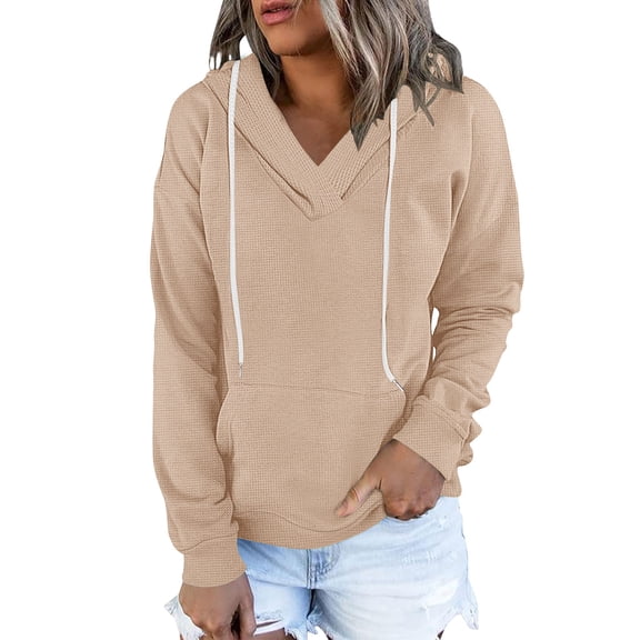Enjoytime Sweatshirt for Women Fall Winter V-Neck Long Sleeve Pullover Hoodies Solid Color Casual Lightweight Hooded Tops with Pockets Beige XXL