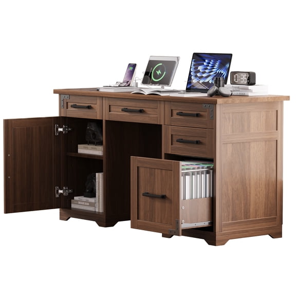 Aukfa 55" Farmhouse Executive Desk with Charging Station, Home Office Computer Desk with File Drawer & Storage Cabinet,Walnut