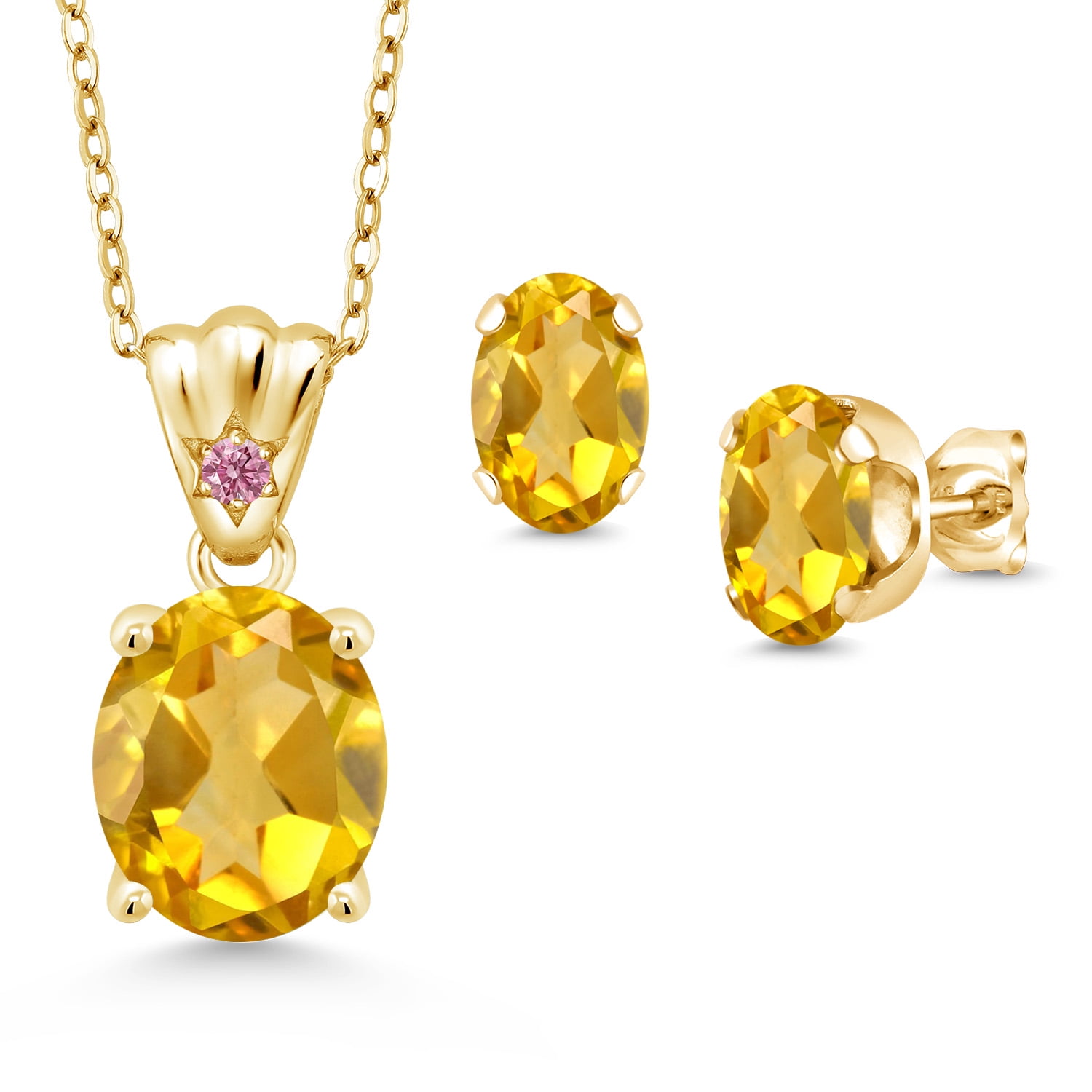 18K Yellow Gold Plated Silver Yellow Citrine and Pink Lab Grown Diamond Pendant and Earrings Jewelry Set for Women (5.84 Cttw, Gemstone Birthstone, Oval 11X9MM and 8X6MM with 18 inch Silver Chain)