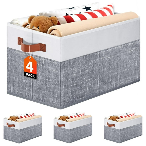 Foldable Storage Bins for Shelves, 14x10 Inch Collapsible Fabric Baskets with Leather Handles, Space Saving Organizer for Clothes Books Toys, Grey & White