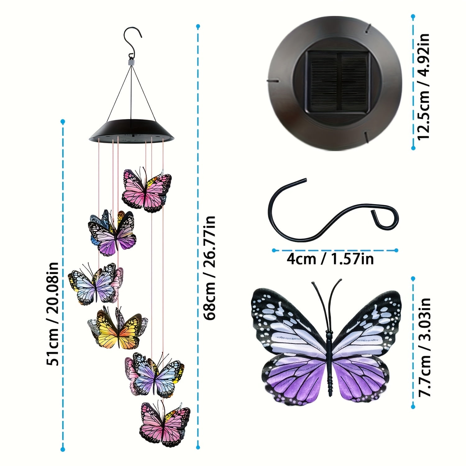 Solar Butterfly Wind Chime, Outdoor Color-Changing Solar Wind Chime, Solar LED light with 12 colorful butterflies，Outdoor Decoration. Christmas Decoration for Yard, Garden Patio Porch Decoration