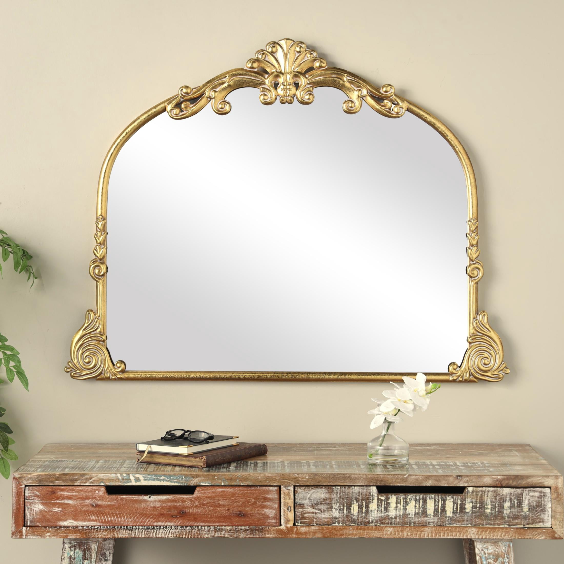 DecMode 44" x 34" Gold Ornate Arched Baroque Scroll Wall Mirror