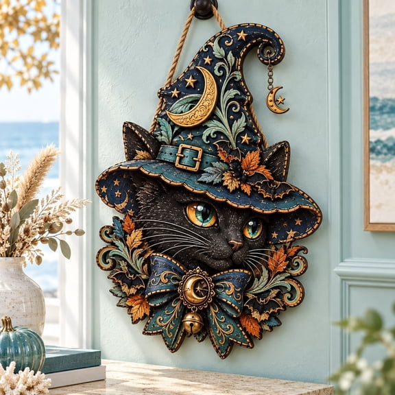 Door Sign, Cute Witch Cat Black Cat Halloween Decor for Home and Porch