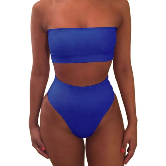 CNKOO 2 Pcs/Set Bikini Set Solid Color Elastic High Waist Strapless Summer Lady Swimsuit for Swimming