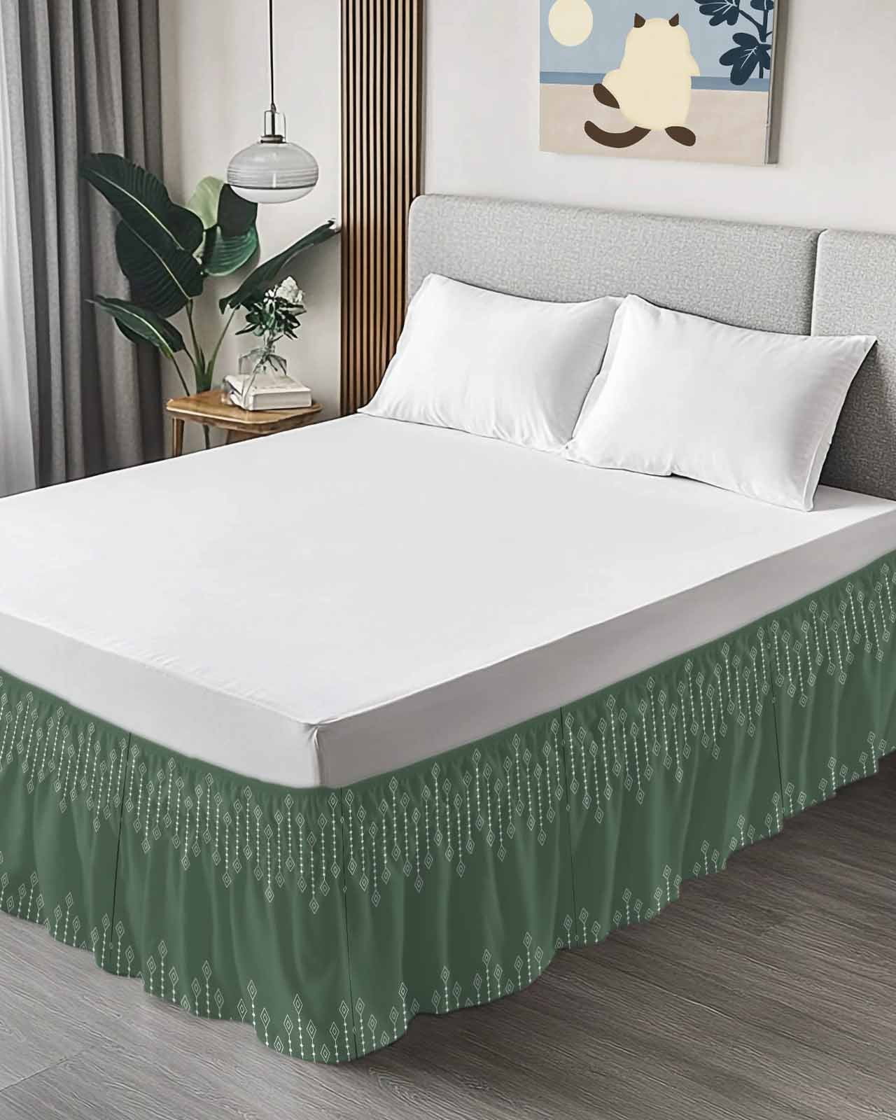 Rhombus Lines Bed Skirt Geometric Boho Green Background Bed Skirts Queen Size 16 Inch Drop, Wrap Around Dust Ruffle&nbsp;Bedskirt with Adjustable Elastic Belt for Queen Size Beds